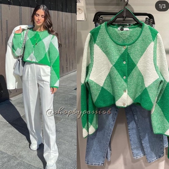 ZARA jacquard knit argyle geometric print cardigan blogger favorite - Picture 10 of 16